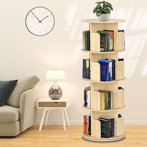 Cuguords Rotating Bookshelf Tower, 360 Display Spinning Bookshelf, 4 Tier Revolving Bookcase for Kids&Adults, Rotating Bookcase for Bedroom, Living Room,Solid Wood Bookshelf Organizer for Small Space