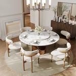POVISON Dining Table Set with Lazy Susan, 59" Dining Table with 6 Chairs, Matte White Sintered Stone Tabletop with Bronze Carbon Steel Base