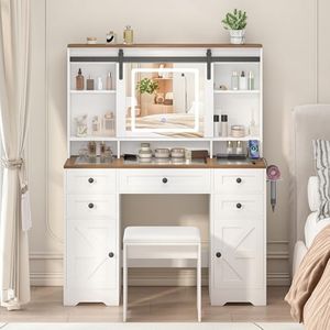 Advwin Farmhouse Makeup Vanity Desk with Sliding LED Mirror & Glass Tabletop, Barn Door Dressing Table with Charging Station & Hidden Shelves, Large Vanity Table with 5 Drawers 2 Cabinet, White