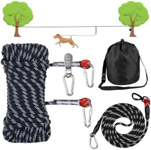 Dog Tie Out Cable for Camping,50ft Portable Overhead Trolley System with 10ft Runner Lead for Dogs up to 200lbs，Portable Reflective Dog Lead Line for Yard, Park and Outdoor (Black)