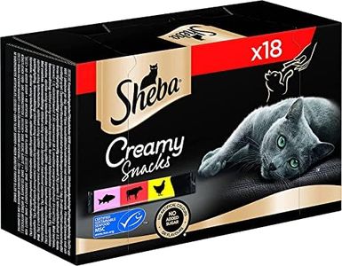 Sheba Snacks pour Chat Creamy Snacks, 18 bâtonnets de friandises Pratiques pour Chat, 18 x 12 g (1 Paquet) – dans Les variétés de Poulet, Saumon (certifié MSC) et bœuf à lécher à la Main