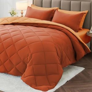 MUXHOMO 7 Pieces California King Comforter Set, Reversible Bed in a Bag Cal King Size, All Season Bedding Set with Comforter, Flat Sheet, Fitted Sheet, Pillowcases & Shams, Burnt Orange & Camel