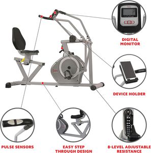 Sunny Health & Fitness Magnetic Recumbent Exercise Bike – 160kg Capacity, Arm Exercisers, Pulse Monitor