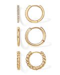 PAVOI 18K Gold Plated 925 Sterling Silver Posts 3 Pairs Small Hoop Earrings Set | Cubic Zirconia Plain Rope Huggie Hoops for Women | Lightweight Earrings Pack, Yellow Gold, Cubic Zirconia