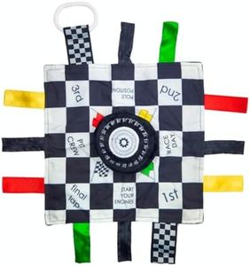 Baby Jack & Co 10x10” Racing Sports Lovey Sensory Plush Blanket - Tag Toy for Babies - Baby Stroller Toys - Learn Shapes, Letters & Colors - MVP Baby Tire Toy & Baby Sports Gift w/Stroller Clip