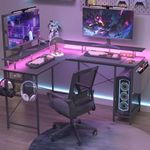 Ufurniture Computer Desk L Shaped Desk with Storage Bag, Metal Frame Gaming Desk with LED Lights & Power Outlets, Modern Home Office Table, Writing Workstation for Living Room, Black