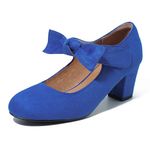 fereshte Womens Bow Mary Jane Shoes Closed Toe Chunky Block Heel Ankle Strap Dress Pumps, Royal Blue, 5 UK