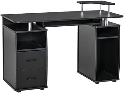 HOMCOM Scrivania per Computer Moderna Porta PC, Scrivania da Ufficio in Legno con Cassetti, Mensola Estraibile e Porta Tastiera, 120x55x85cm, Nero