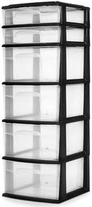 Homz Plastic 6 Clear Drawer Medium Home Storage Container Tower with 4 Large Drawers and 2 Small Drawers, Black Frame
