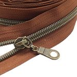 MebuZip #5 Antique Brass Metallic Nylon Coil Zippers by The Yard Bulk Coil Zipper Roll 10 Yards with 20pcs Pulls for DIY Sewing Craft Bags (Brown)