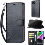 KENHONER Designed for iPhone 15 Plus Case Wallet,Women Flip Folio Cover with Embossed PU Leather Stand Credit Card Holders Slots Wrist Strap Phone Case for iPhone 15 Plus 6.7 Inch (Black Cube)