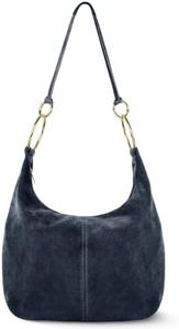 Italian Genuine Suede Hobo Bag for Women with Zippered Closure and Ring Handle Hardware | Large Shoulder Handbag (Dark Blue)