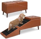 XXL Dog Stairs for Large Dogs, 2-in-1 Foldable Dog Ramp & Bed Bench, 20.5"H | 22 ° Gentle Slope, 42L Hidden Storage, Non-Slip Surface, Solid Wood Up to 400 lbs, for Small, Large Dogs, Brown Leather