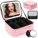 Travel Makeup Bag Cosmetic Organizer Bag with Large Magnetic Removable Lighted Mirror, Makeup Case with Mirror and Lights 3-Color Modes Adjustable Brightness 360° Angle, Makeup Travel Train Case Gift,