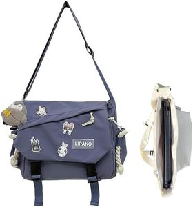 Aesthetic Crossbody Bag, 15.6 Inch laptop messenger bag for women, Cute Shoulder Bag with Cute Pins and Ornament Blue