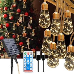TUODAW Guirnalda Luces Exterior Solares,16 Bombillas 8M LED Guirnalda Luces Solar Impermeablet, 8 Modos Cuerda de Cáñamo Vintage Luces Exterior Solar Blanco Cálido para Jardín Boda Balcón Pabellón