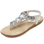 Life Palaza Women's Summer Sweet Wedding Thong Sandals Rhinestone Bohemian Gladiator Flat Sandals Open-Toe Slippers Flip Flops Crystal T-Strap Shoes (7 US/EU 38, Diamond Silver)