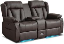 WISHDEER Power Reclining Loveseat Sofa, Loveseat Recliner Couch with Console, RV Recliners for Travel Trailers, Home Theater Seating with Cup Holders/LED/Drawer/USB/USB C for Living Room(Brown)