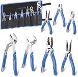COMOWARE 7Pcs Pliers Tool Set, Mechanic Pliers with Rolling Pouch, including Groove Joint Long Nose Slip Joint Diagonal & Wire Plier for Home DIY Craft Projects Basic Repairs