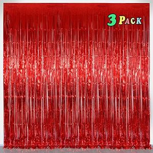 Red Foil Fringe Curtains Valentines Day Decorations – 3 Pack 3.2 x 8.2 ft Shiny Red Tinsel Curtain Backdrop for Birthday & Party Decor