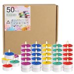 Assorted Colors Tea Lights Candle Bulk - 5 Colors - 4 Hours Unscented Smokeless Votive Candles for Anniversaries Shabbat Valentine's Day - 50 Pack