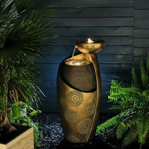 Tankana Indoor Water Fountain Feature Outdoor Garden Large Jar Floor Standing Fountain Waterfall with LED Light & Pump for Home Decor Office Yard Patio Pool Deck Porch, Goldish-Bronze