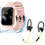 Techking (SPECIAL 12 YEARS WARRANTY) Waterproof Smart Watch T01 Touch Men Women Fitness Tracker Blood Pressure Heart Rate Monitor for Girls & Boys with K1 Wireless Bluetooth Headset Hand-Free Calling-ROSEGOLD