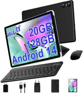SKYEGG Tablet 10 Pulgadas Android 14 con 20 GB RAM + 128 GB ROM (Ampliable a 1TB), Widevine L1, 5G Wi-Fi 6, GPS, 8 Core, 8 MP + 5 MP, USB-C Tablet con Teclado + Ratón + Funda, Negro