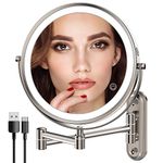 Rechargeable Lighted Makeup Mirror Brushed Nickel, Vanity Mirror with 3 Color Lights, Dimmable Touch Screen,8 Inch LED Double Sided 1X/10X Magnifying 360°Swivel Shaving Mirror 13 Inch Extendable