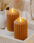 Battery Operated Candles with Remote 2PK - Flickering 3D Moving Flame, LED Flameless Candle with Timer Runs 800+ Hrs, Textured Real Wax Pillar, Spring Decor set of 2 Ribbed Honey, 3x6 inch