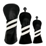 3pcs Golf Wood Head Covers Headcovers Set includes Driver Headcover fits up to 460cc Drivers, Rotatable Golf Fairway Wood Headcover and Hybrid Head Cover (Black| white stripes)