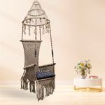 Curio Centre Make in India Premium Maharaja Swing with Polyester Ropes & Mild Steel Frame/Traditional Jhula Swing Chair for Adults/Indoor Outdoor Hanging Swing with Cushion & Accessories-Coffee Color