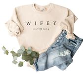 BRIDE SHIRT Just Married Wife Est 2024 Sweatshirt for Women, Honeymoon Bride Gift Womens Wedding Bridal Shower Outfits, Sand, Medium