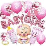 Baby Shower Decorations Girls, Pink Gender Reveal Decoration with Girl Balloon/BABY GIRL Balloon Banner/5 Confetti Balloons/5 its a girl Balloons/Baby Bottle Foot-shaped Foil Helium Balloons/Ribbon