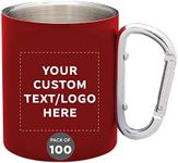 Custom Stainless Steel Mugs with Carabiner Handle 10 oz. Set of 100, Personalized Bulk Pack - Perfect for Coffee, Soda, Other Hot & Cold Beverages - Red