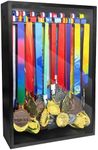 MOCAS Medal Hanger Display Case, Dust-Proof 22"x15" Wall Mount medal holder with 3 Hanging Rods & Trophy Shelf, Holds 60+ Medals, HD Tempered Glass, Solid Wood, for gymanstics,race,soccer,swim