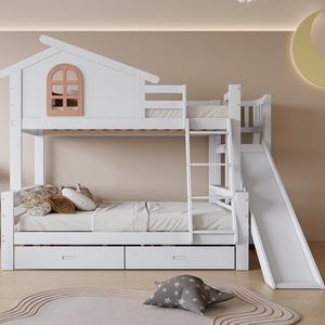 Moimhear Letto a castello con finestre e scale a quattro livelli, 90 x 200 e 120 x 200 cm, per bambini e letto madre con scivolo, con due cassetti, telaio in legno massello