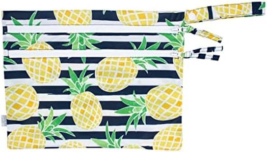 BapronBaby Summer Stripes Pineapple Wet Dry Bag - Waterproof Two Zipper Pockets - Reusable for Mealtime, Diapers, Stroller, Snacks, Swimsuits - Machine Washable - 11" x 9"