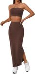 Verdusa Women's 2 Piece Lounge Set Comfy Outfits Knit Tube Crop Tops and Split Midi Skirt Sets Brown X-Small