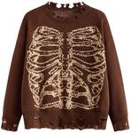 SHENHE Women's Oversized Skeleton Pattern Ripped Round Neck Sweater Pullover Brown Large