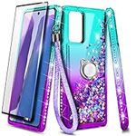 NZND Case for Samsung Galaxy A13 4G/5G with Tempered Glass Screen Protector (Maximum Coverage), Ring Holder/Wrist Strap, Glitter Liquid Floating Waterfall Girls Cute Phone Case (Aqua/Purple)