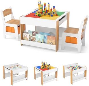 INFANS Kids Table and Chair Set, 4 in 1 Building Block Wooden Activity Desk with Reversible Tabletop Storage Drawers Bookshelves for Toddlers Art Craft Learning Reading Drawing Playroom (Natural)