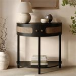 Rattan Half Moon Entry Table - Small Console Table with Storage for Narrow Spaces - Modern Boho Home Decor - Cane Console Table - Solid Wood Entryway Table with Two Doors and Brass Knobs (Black Oak)