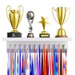 DSVENROLY Medal Holder Display Trophy Shelf Organizer,Sturdy Wooden Medal Trophy Hanger Rack with 25 Steel Hooks, Wall Mount Medal Hanger for Race Medals Trophies Easy to Install(1PC, White)