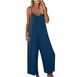 AMhomely Dungarees for Women uk Loose Fit Baggy Jumpsuit Sleeveless Overall Cotton Rompers Casual Long Wide Leg Playsuit Trousers Pants with Pocket, Blue, XXL