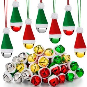 Henoyso 36 Pcs Christmas Santa Hat Jingle Bell Necklaces Bulk Jingle Bell Necklaces Large Bell Necklace Red and Green Santa Hat Jingle Bell Ornaments for Kids Women Party Supplies Holiday Decoration