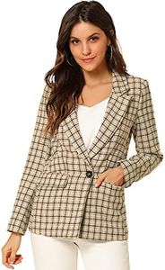 Allegra K Blazers para Mujer Chaqueta Tipo Blazer a Cuadros con Solapa con Muesca Boyfriend Caqui L