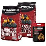 Barbeque Grill Charcoal Bulk of 2 x Supagrill Barbecue Briquettes Charcoal 8kg bags & Homefire Twizlers Wood Wool Firelighters 300g with Topline Card for Outdoor BBQs, Camping, Garden Events.