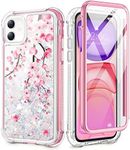 Caka Case for iPhone 11 Glitter Case Flower Bling Liquid Protective Full Body Heavy Duty with Built in Screen Protector Love Glitter Pink Blossom for Women Girl Case for iPhone 11 (6.1 inch)(Cherry)