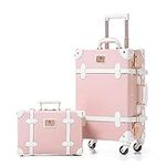 Unitravel Vintage Luggage Set 20inch Handmade Cabin Case Pink Carry on Suitcase Number Lock with 12inch Handbag for Women